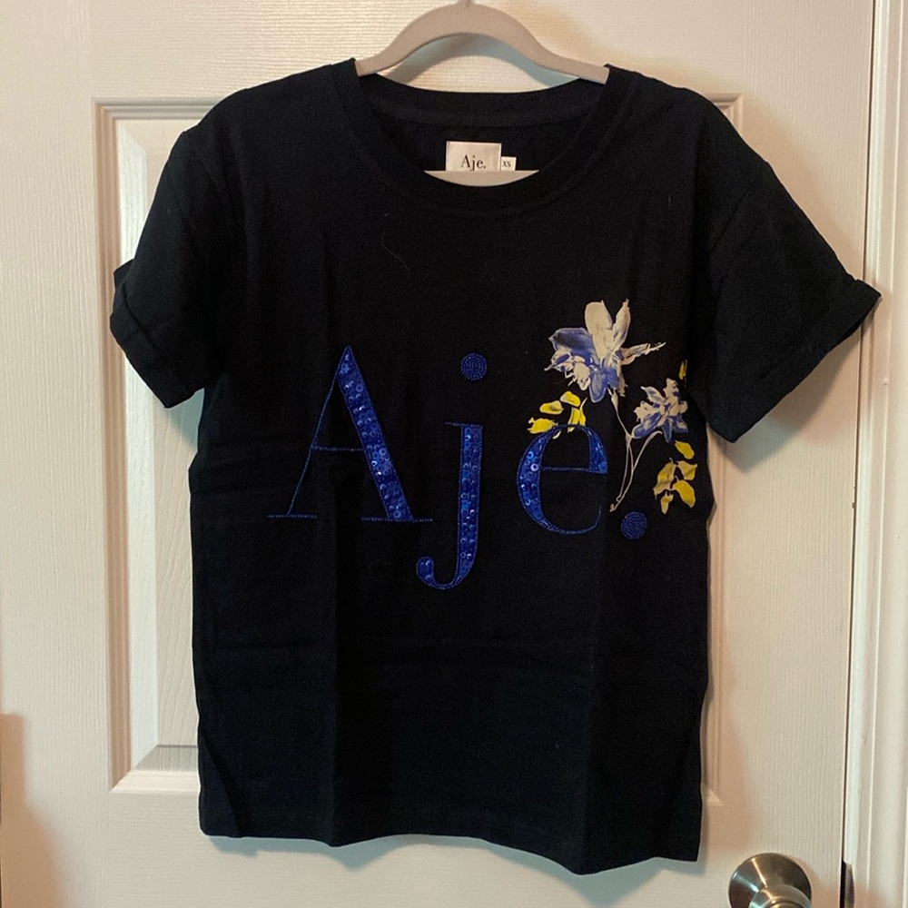 Aje Black T-Shirt with Blue Sequined/Bead Embroidery | AU XS NWOT